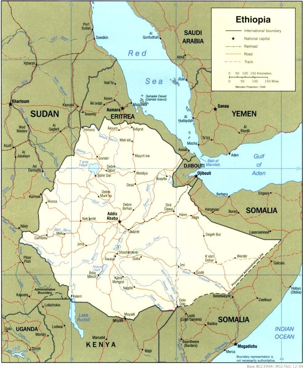 خريطة إثيوبيا والدول المحيطة